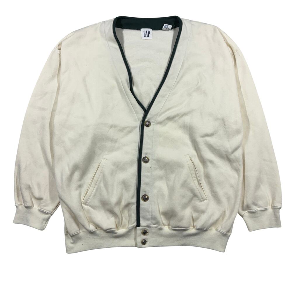 Vintage GAP Cardigan Large Mens Cream Button Up Sweater Knit V-Neck Grandpa 90s